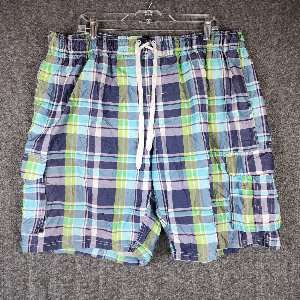 Kanu Surf Swim Trunks Men XXL Blue Green Plaid Cargo Pocket Board Shorts
